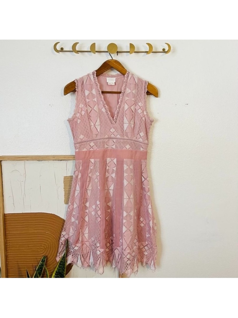 Foxiedox Anthropologie Pink Lace V Neck Knee Length Sleeveless Dress